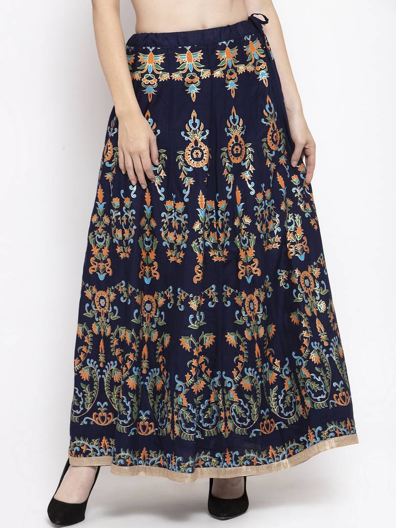 Women Navy Blue & Orange Floral Printed Flared Maxi Skirt