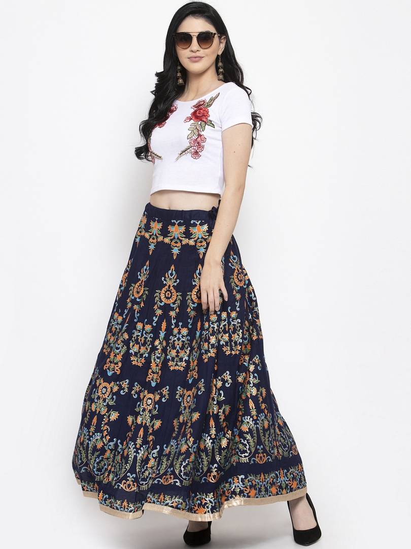 Women Navy Blue & Orange Floral Printed Flared Maxi Skirt