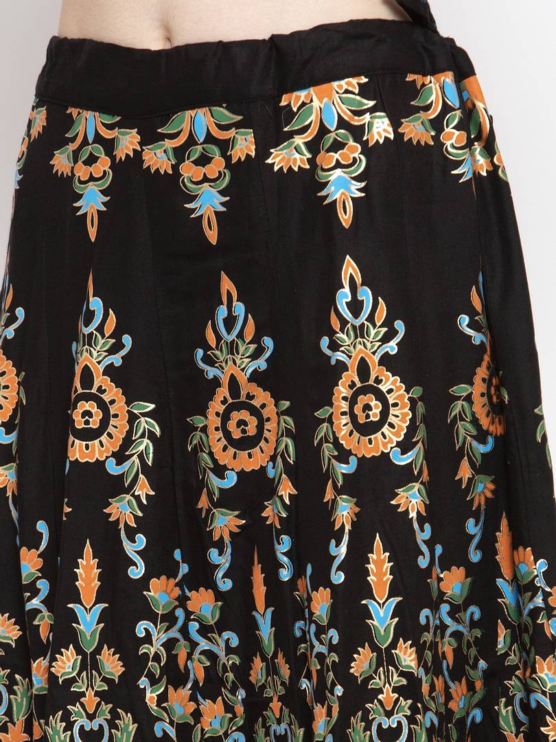 Women Black & Orange Printed Flared Maxi Skirt