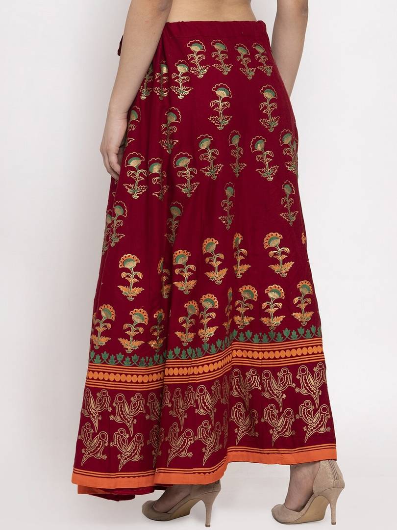 Women Maroon & Gold Floral Printed Maxi Flared Skirt