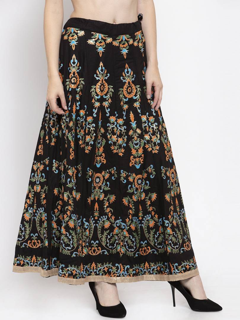 Women Black & Orange Printed Flared Maxi Skirt