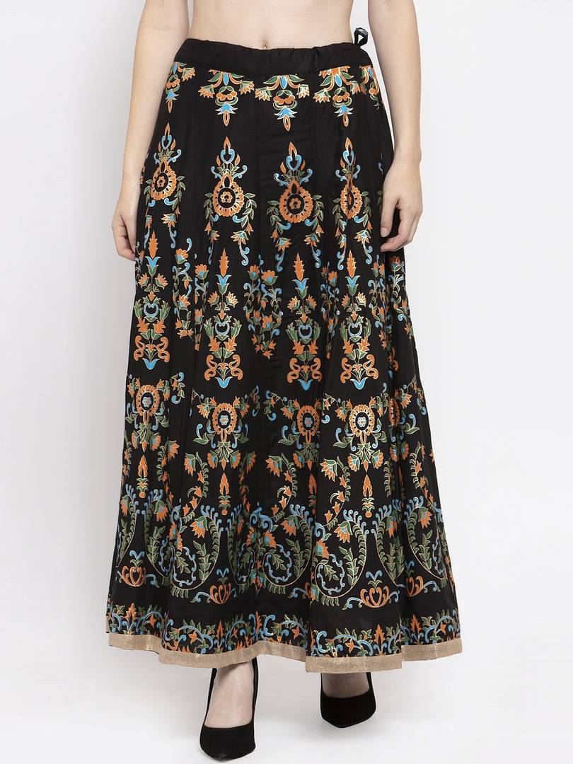 Women Black & Orange Printed Flared Maxi Skirt