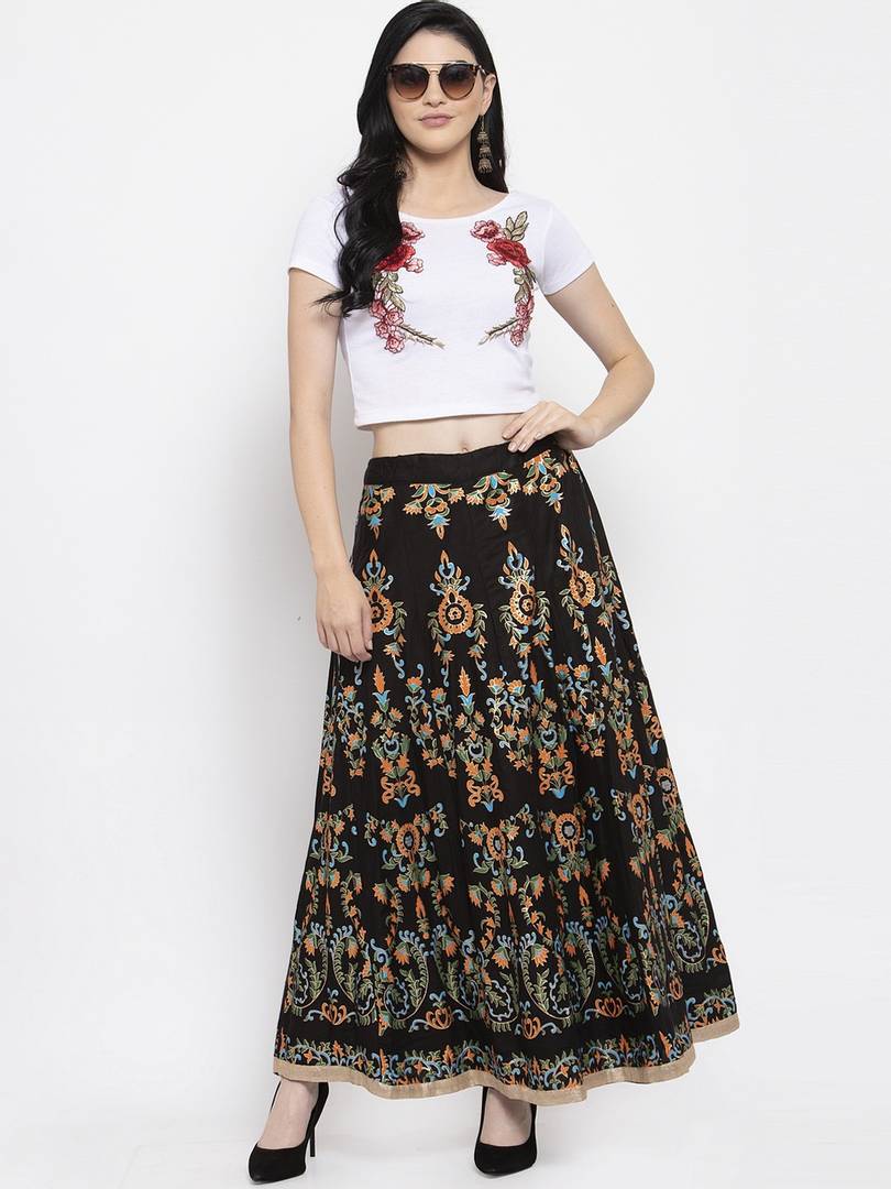 Women Black & Orange Printed Flared Maxi Skirt