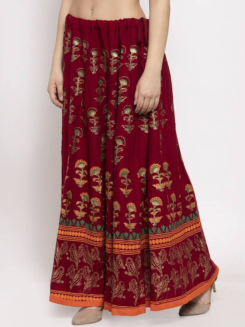 Women Maroon & Gold Floral Printed Maxi Flared Skirt