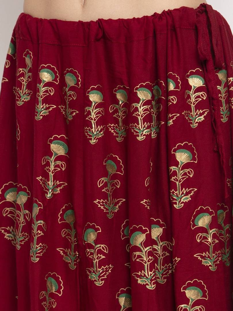 Women Maroon & Gold Floral Printed Maxi Flared Skirt