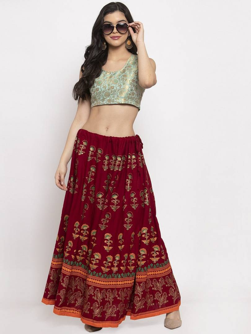 Women Maroon & Gold Floral Printed Maxi Flared Skirt