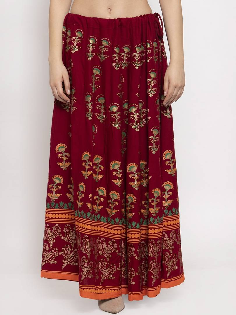 Women Maroon & Gold Floral Printed Maxi Flared Skirt