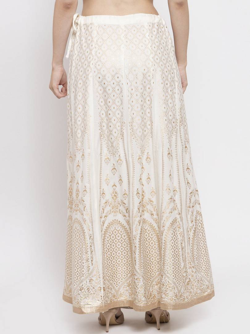 Women Cream-Coloured & Gold-Toned Printed Flared Maxi Skirt