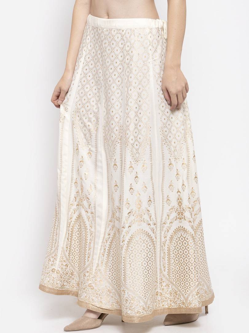 Women Cream-Coloured & Gold-Toned Printed Flared Maxi Skirt