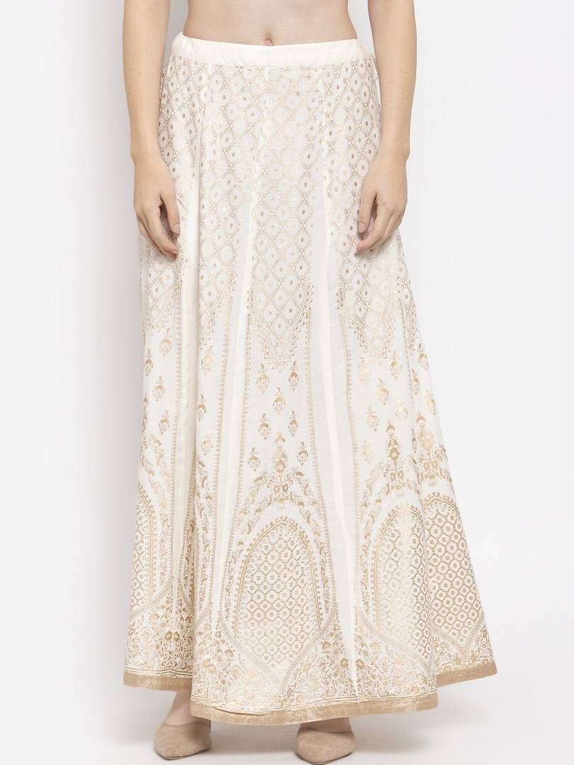 Women Cream-Coloured & Gold-Toned Printed Flared Maxi Skirt