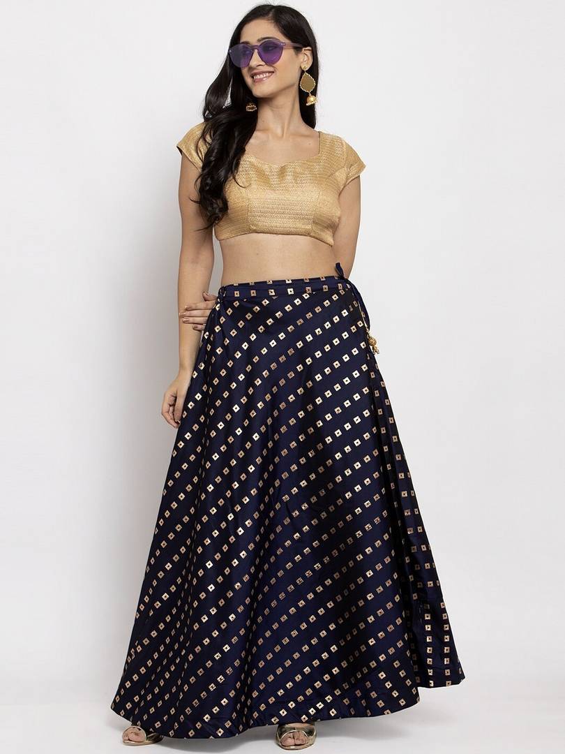 Women Navy Blue Printed Flared Maxi Skirt