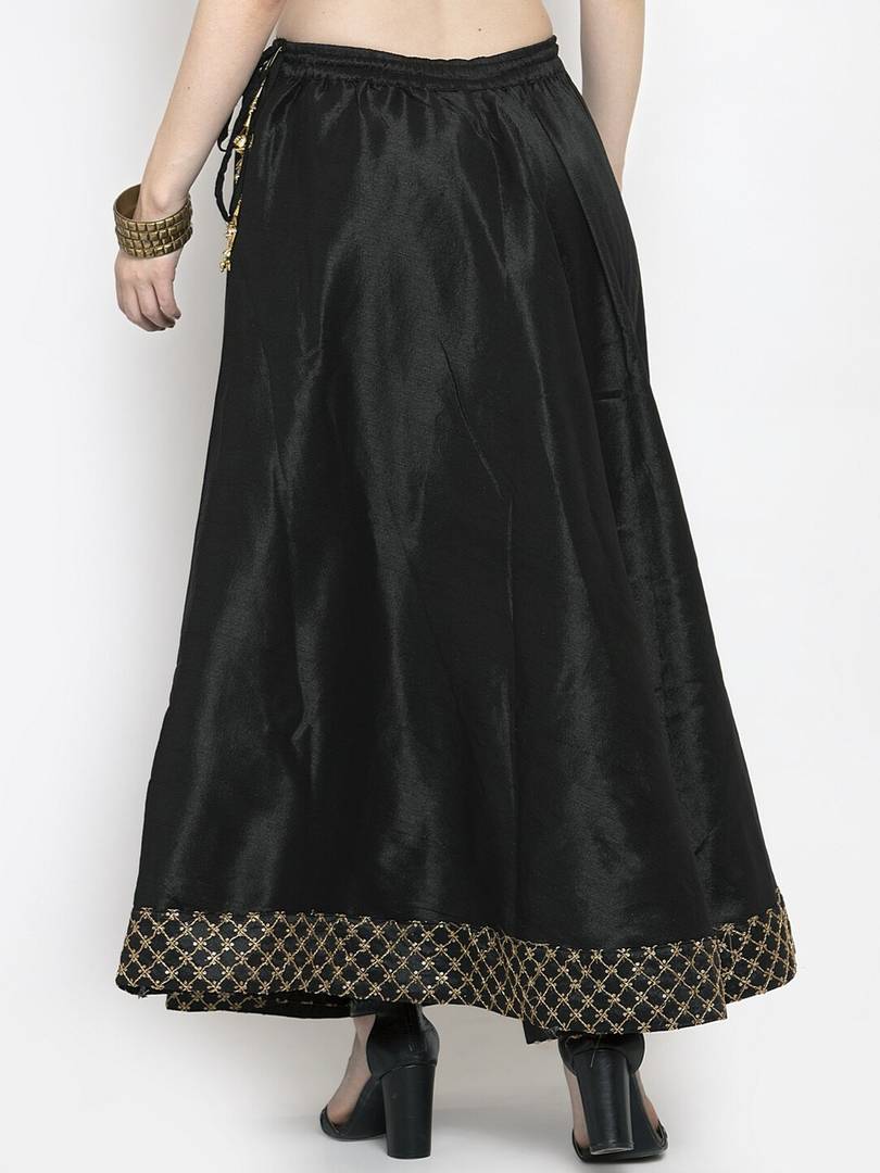 Women Black & Gold-Coloured Solid Flared Maxi Skirt