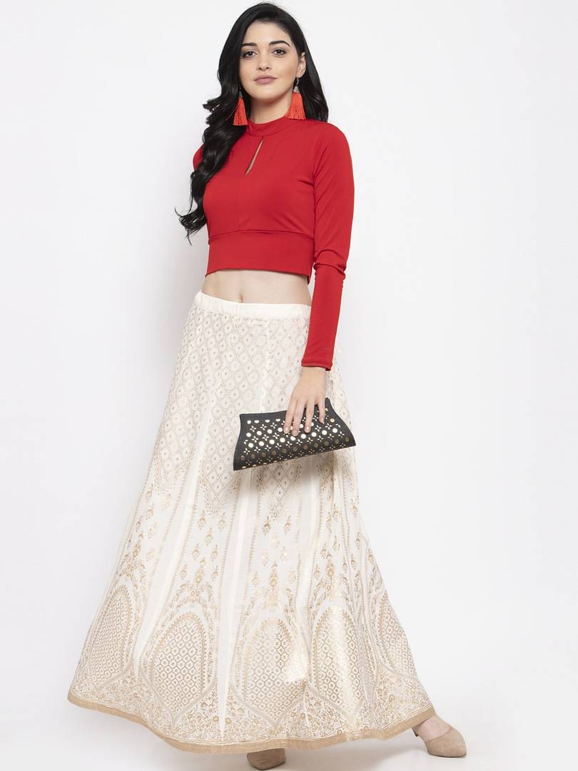 Women Cream-Coloured & Gold-Toned Printed Flared Maxi Skirt