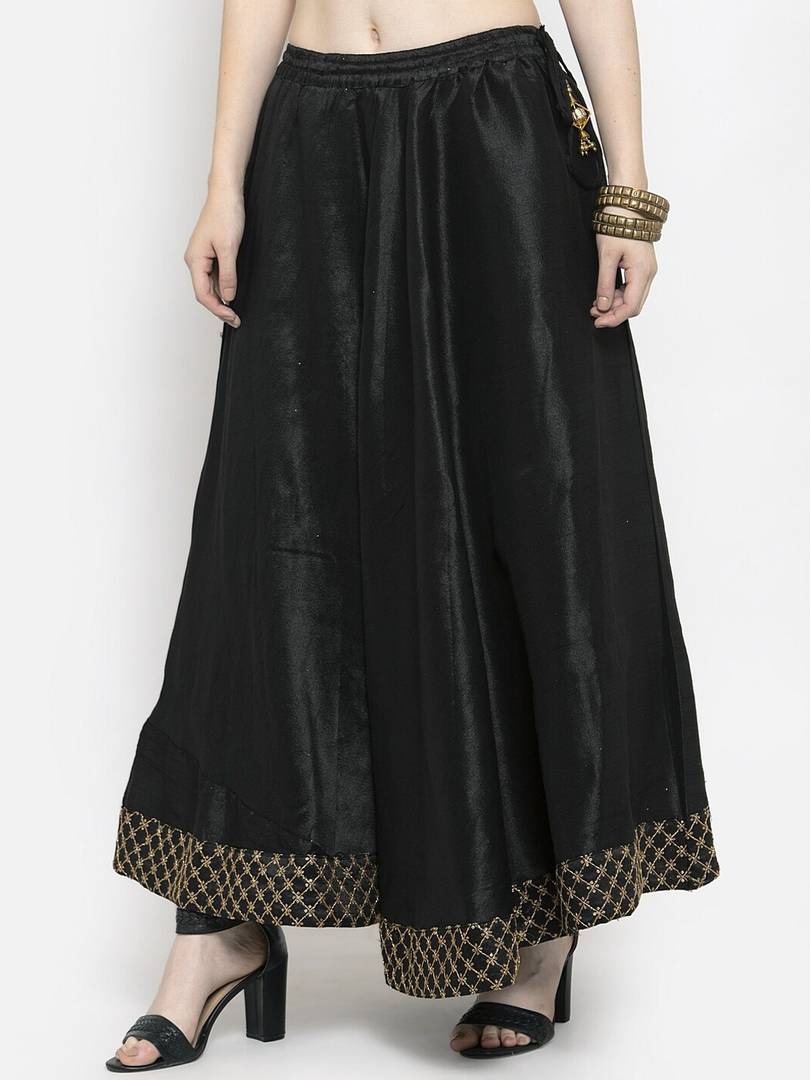 Women Black & Gold-Coloured Solid Flared Maxi Skirt