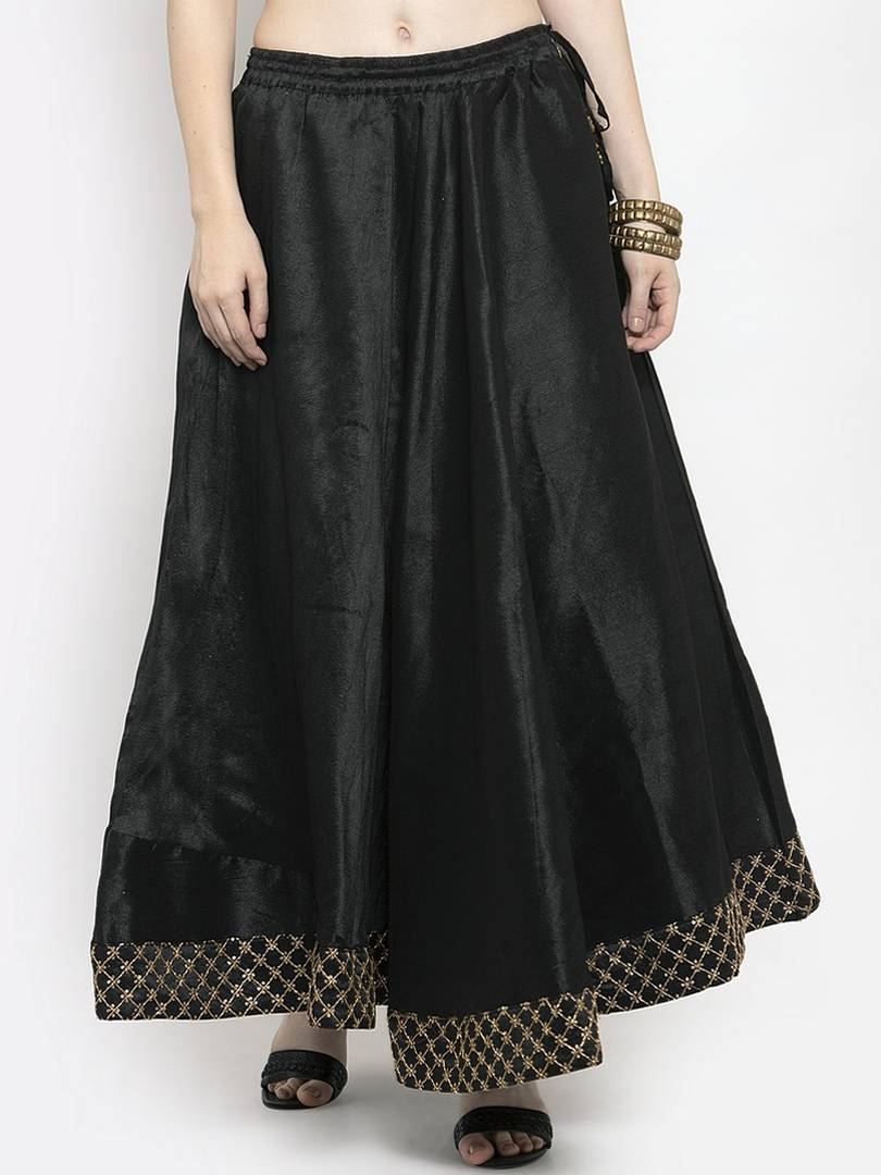 Women Black & Gold-Coloured Solid Flared Maxi Skirt