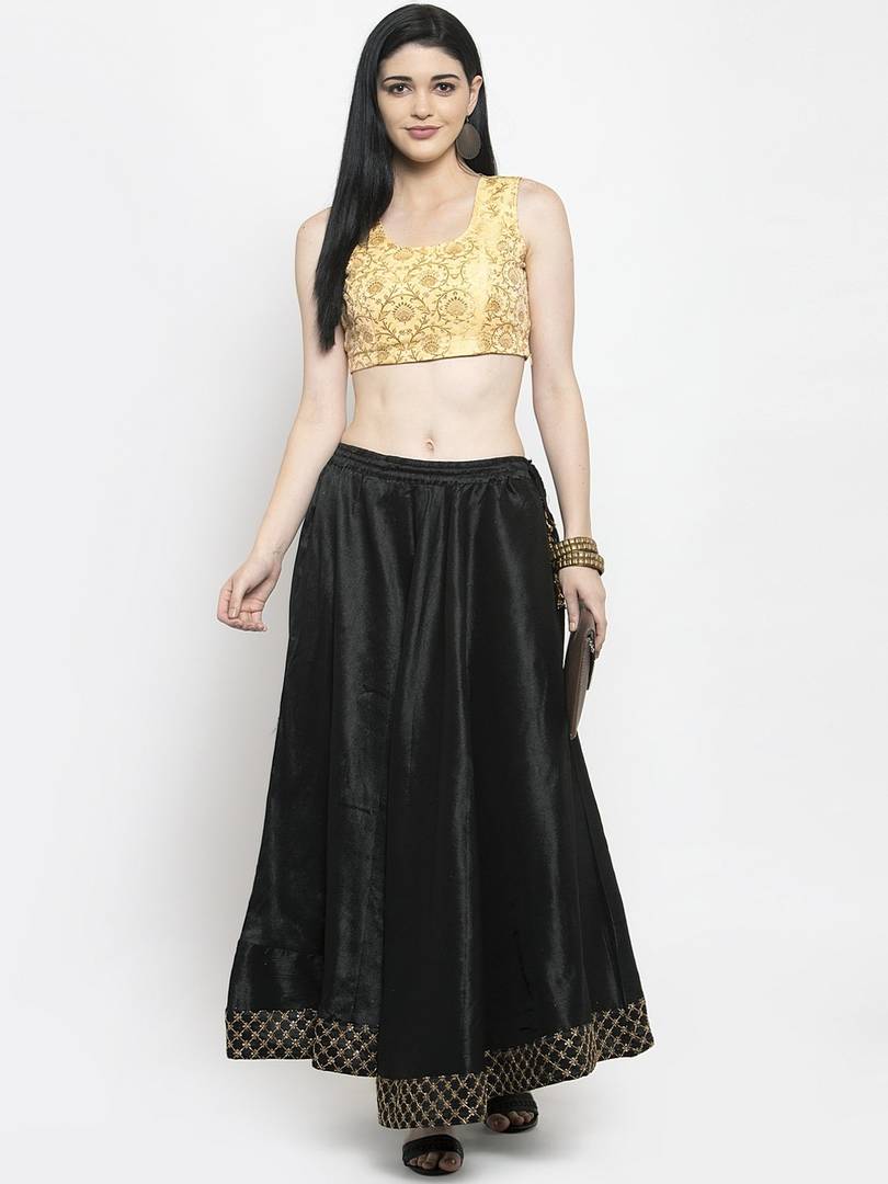 Women Black & Gold-Coloured Solid Flared Maxi Skirt