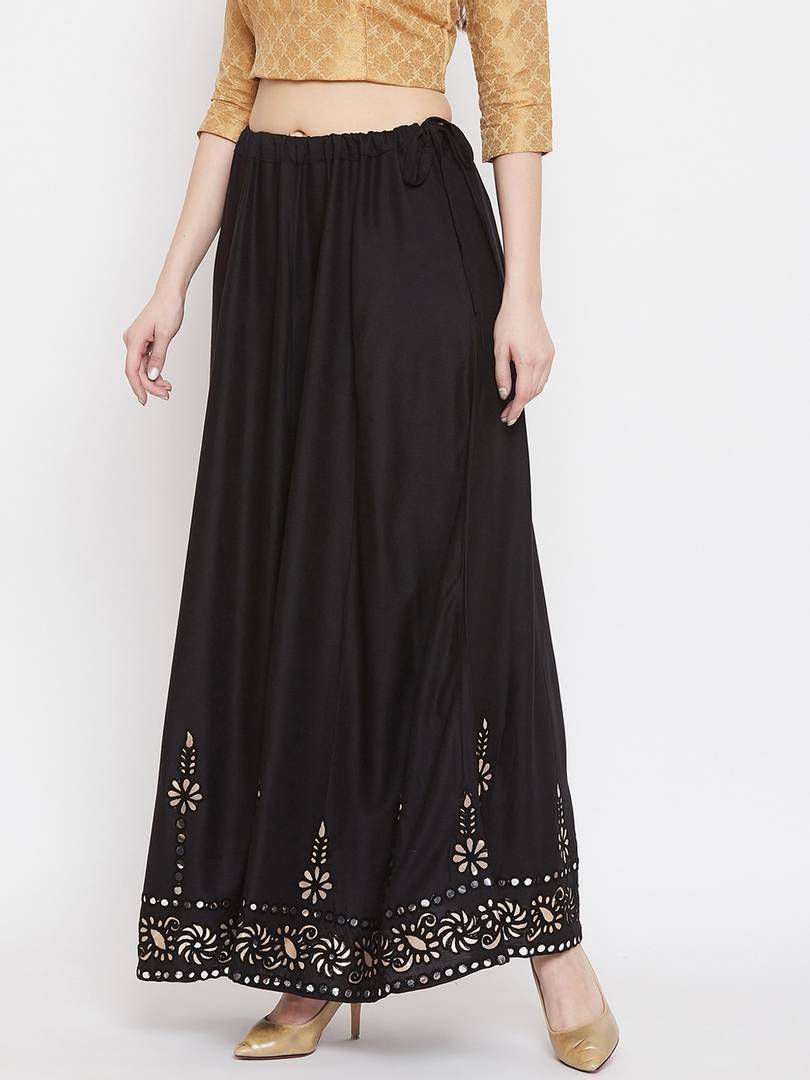 Women Black Embellished Flared Maxi Skirt