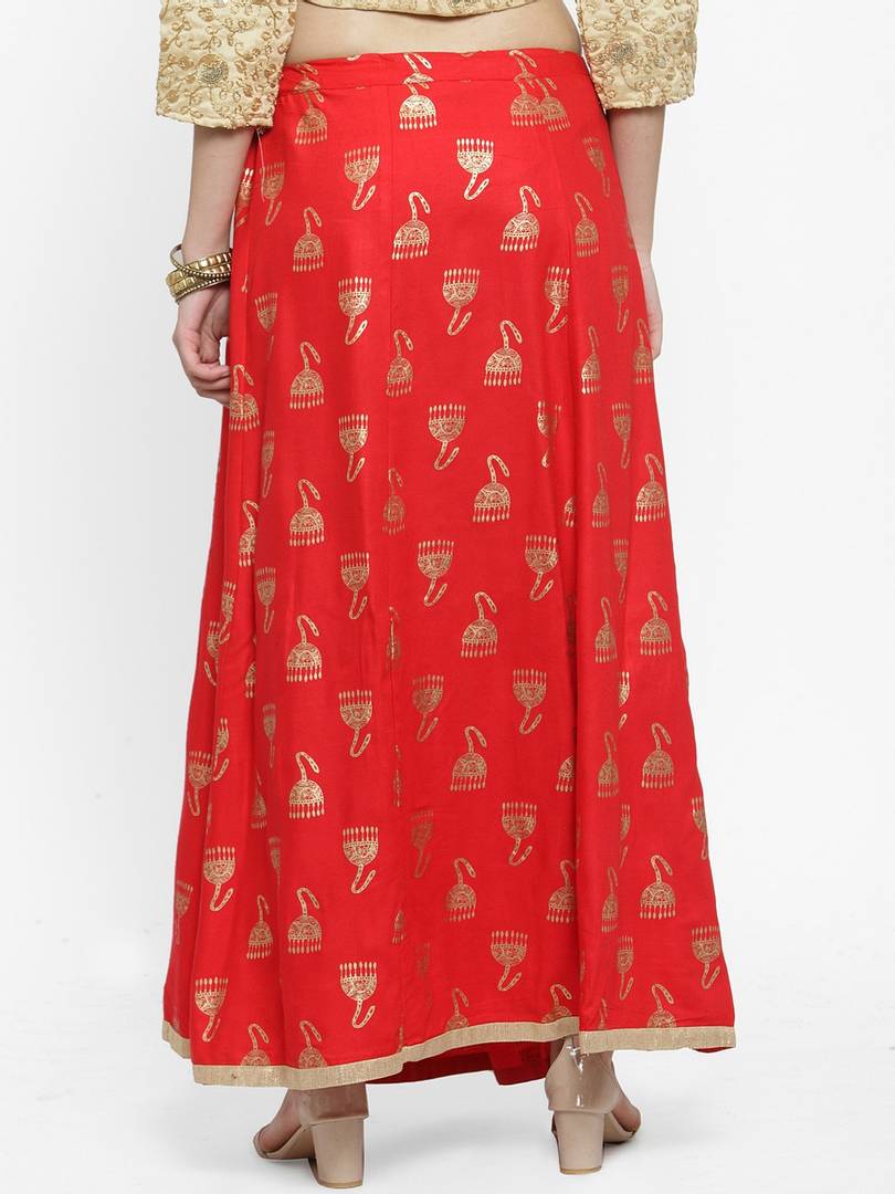 Women Red Printed Flared Maxi Skirt