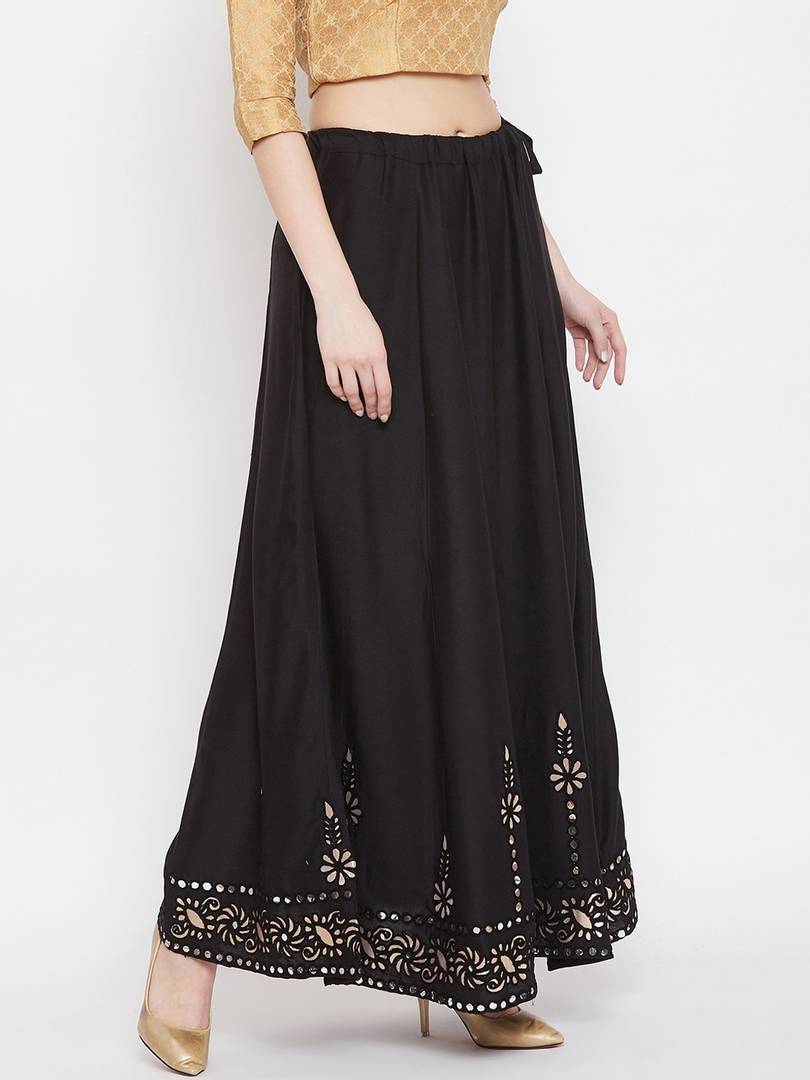 Women Black Embellished Flared Maxi Skirt