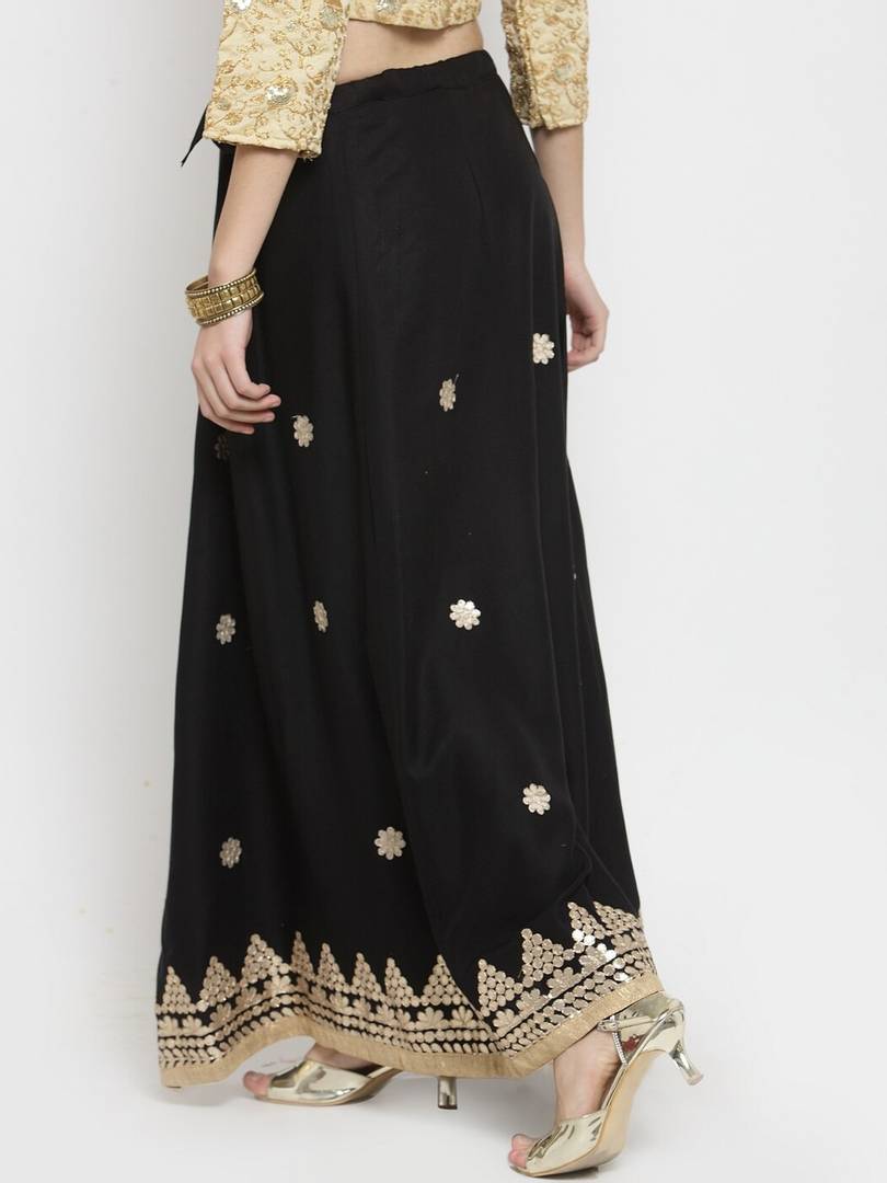 Women Black & Gold-Coloured Gotta Patti Embroidered Flared Maxi Skirt