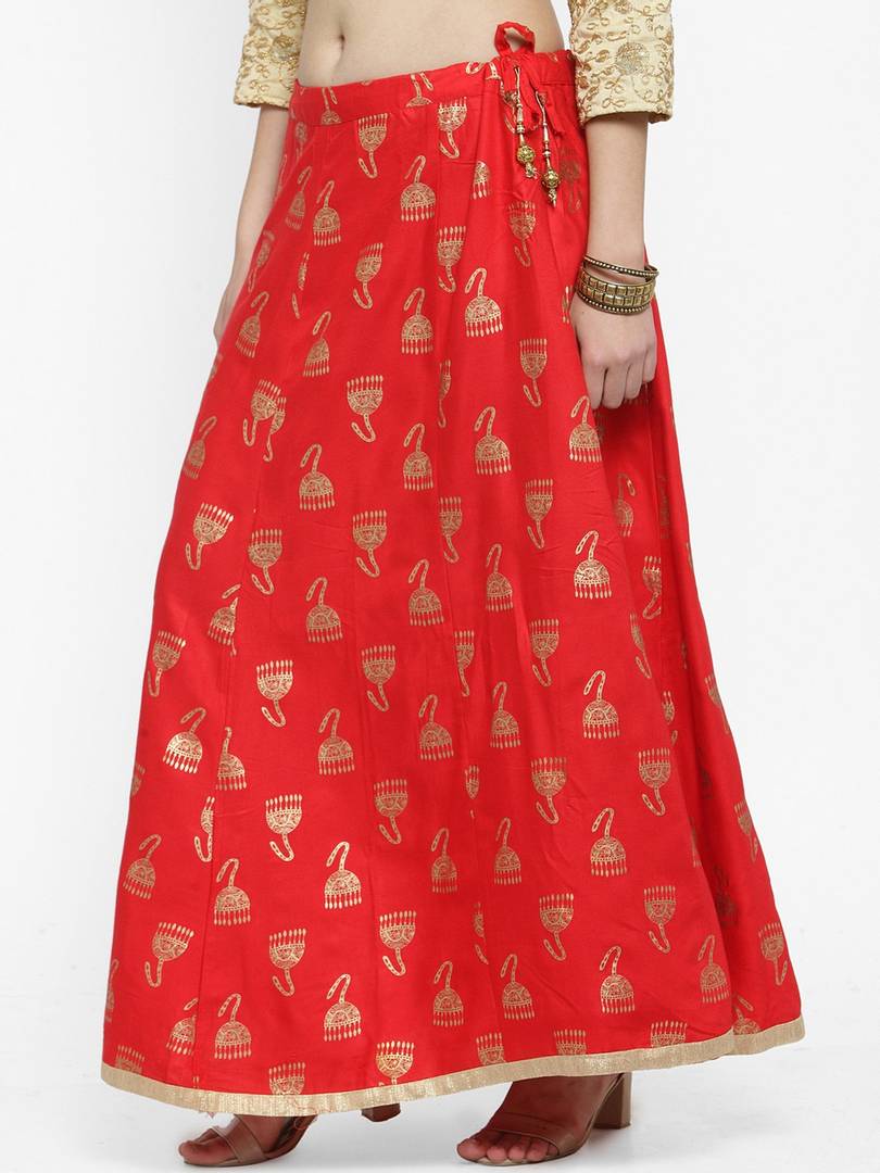 Women Red Printed Flared Maxi Skirt