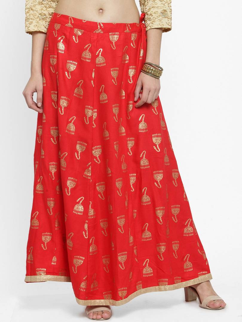 Women Red Printed Flared Maxi Skirt