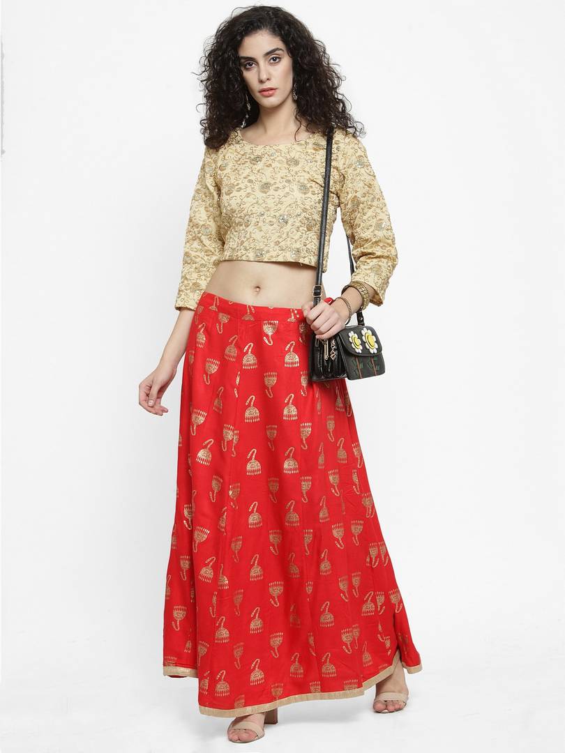 Women Red Printed Flared Maxi Skirt