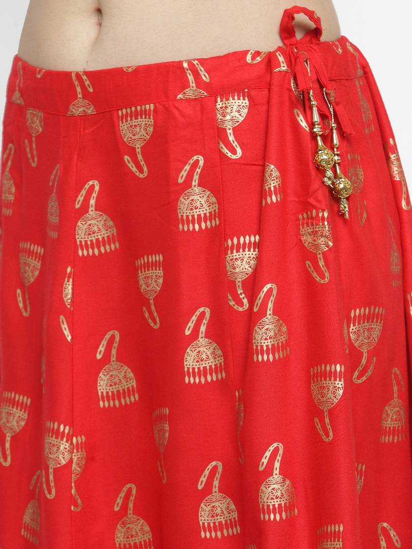 Women Red Printed Flared Maxi Skirt