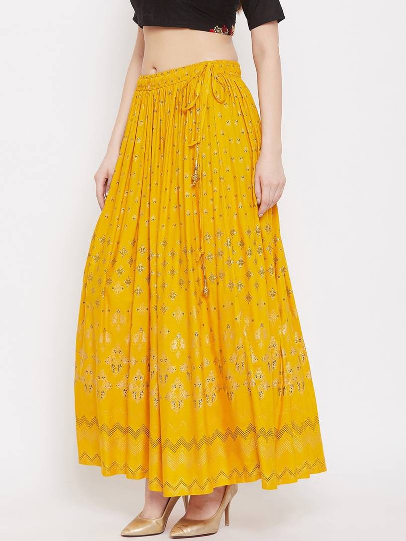 Women Mustard Yellow & Gold-Color Printed Flared Maxi Skirt