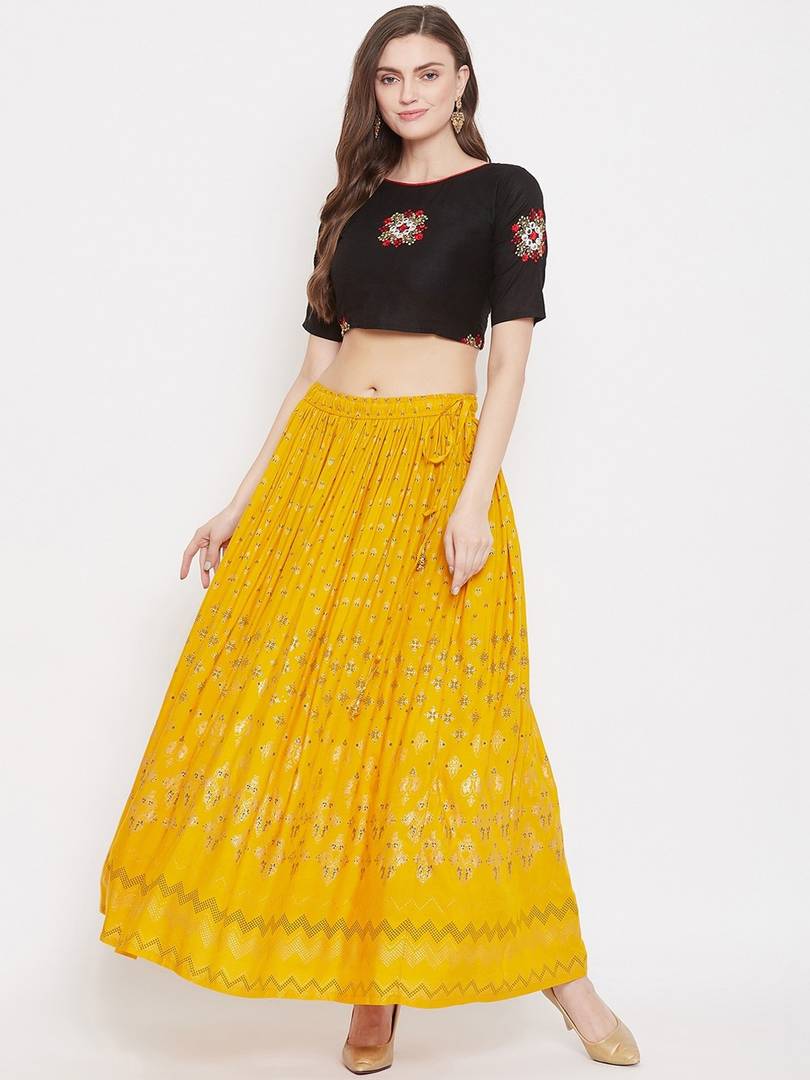 Women Mustard Yellow & Gold-Color Printed Flared Maxi Skirt