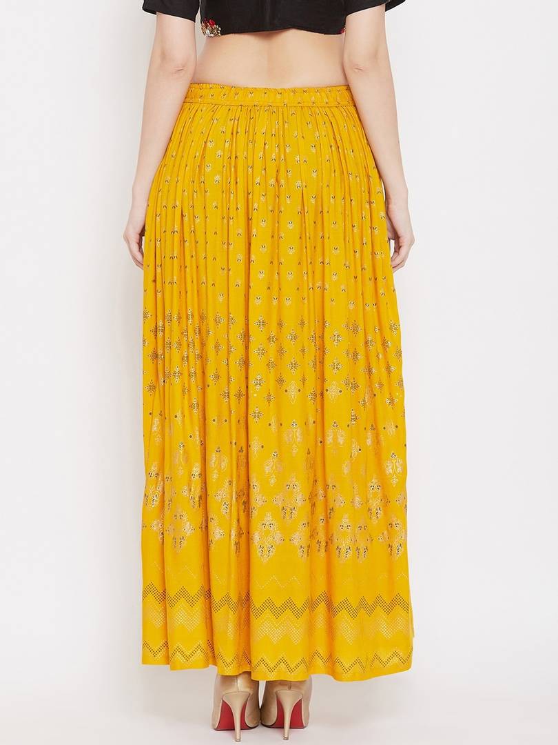 Women Mustard Yellow & Gold-Color Printed Flared Maxi Skirt