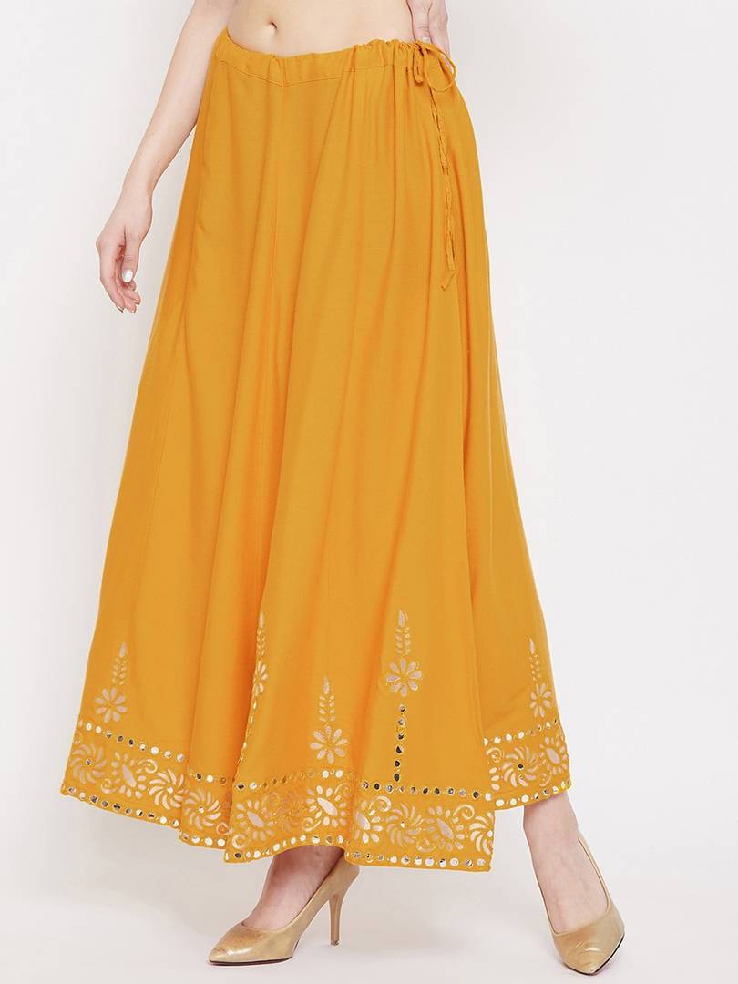 Women Mustard Yellow & Gold-Colored Embellished Flared Maxi Skirt