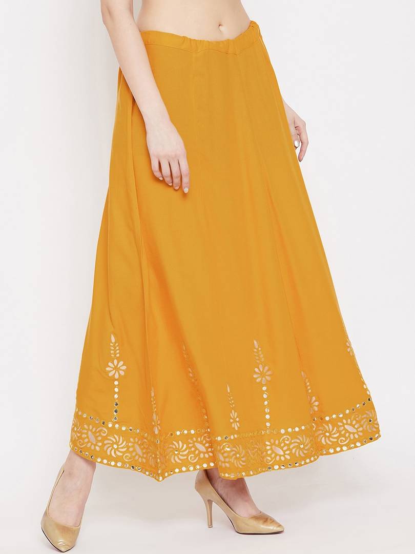 Women Mustard Yellow & Gold-Colored Embellished Flared Maxi Skirt