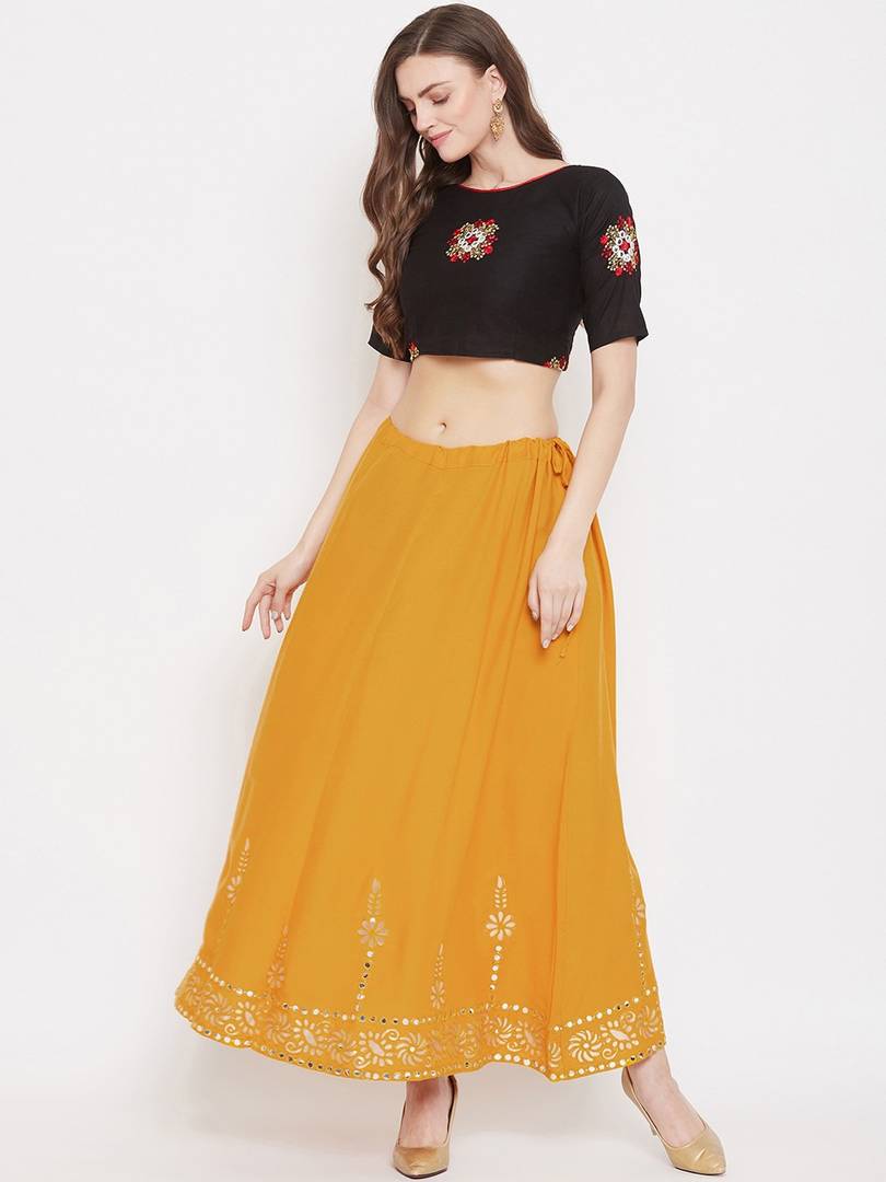 Women Mustard Yellow & Gold-Colored Embellished Flared Maxi Skirt