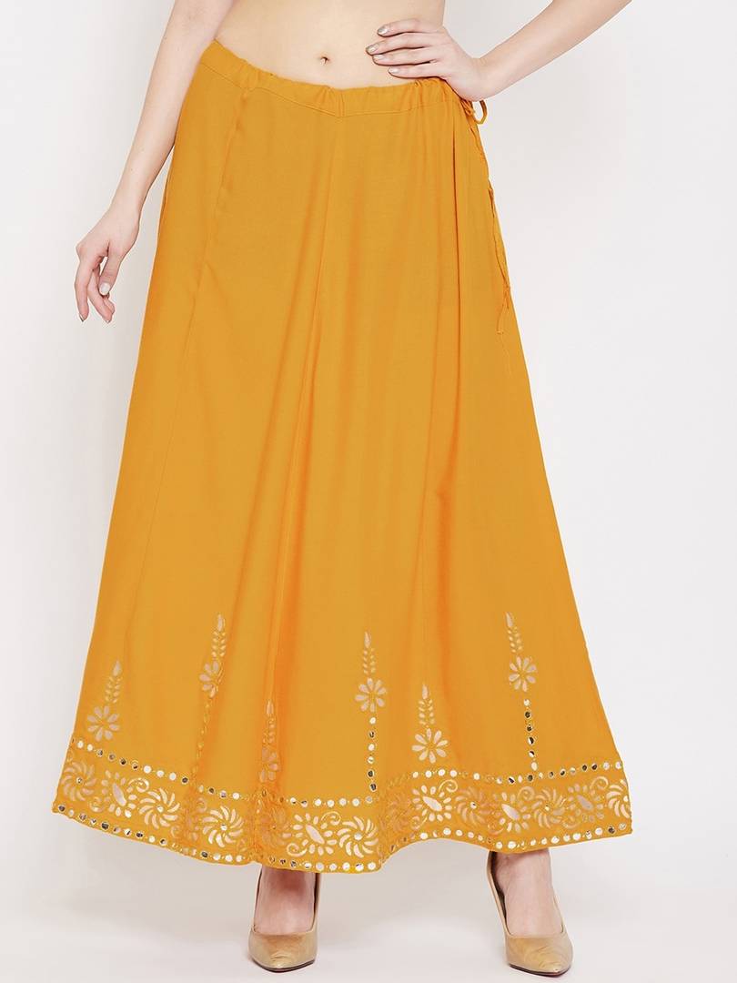 Women Mustard Yellow & Gold-Colored Embellished Flared Maxi Skirt