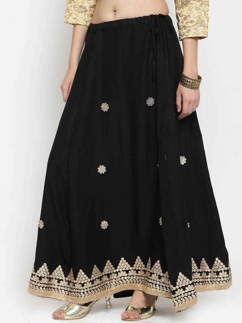 Women Black & Gold-Coloured Gotta Patti Embroidered Flared Maxi Skirt