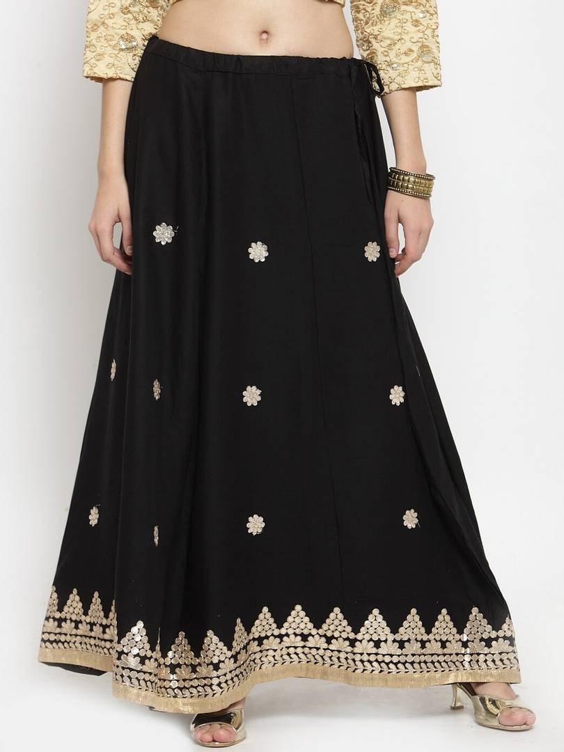 Women Black & Gold-Coloured Gotta Patti Embroidered Flared Maxi Skirt