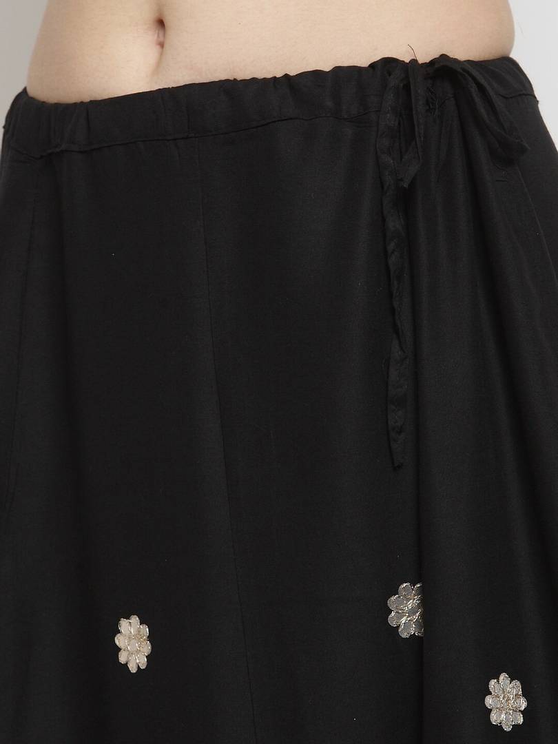 Women Black & Gold-Coloured Gotta Patti Embroidered Flared Maxi Skirt