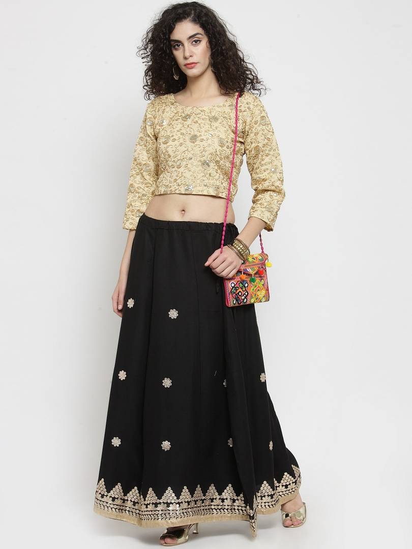 Women Black & Gold-Coloured Gotta Patti Embroidered Flared Maxi Skirt