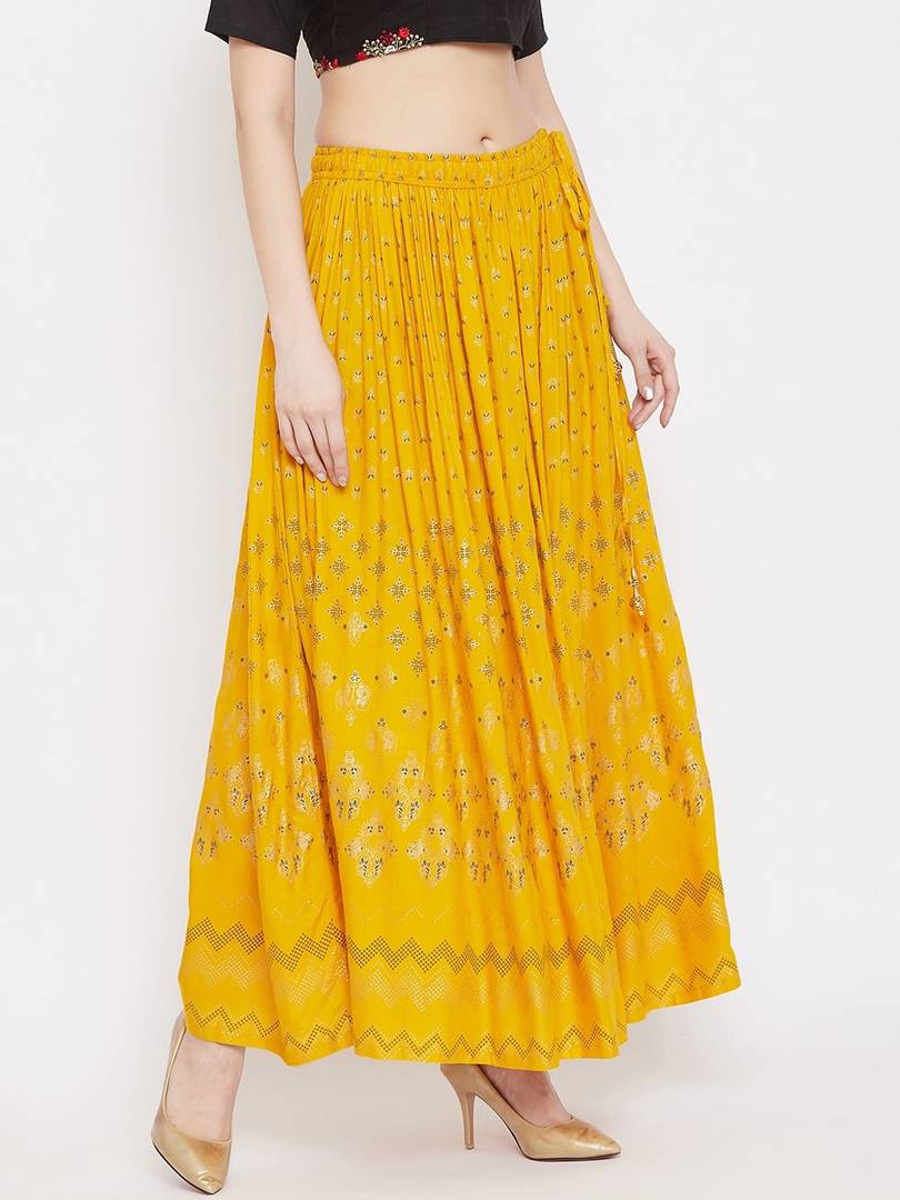 Women Mustard Yellow & Gold-Color Printed Flared Maxi Skirt