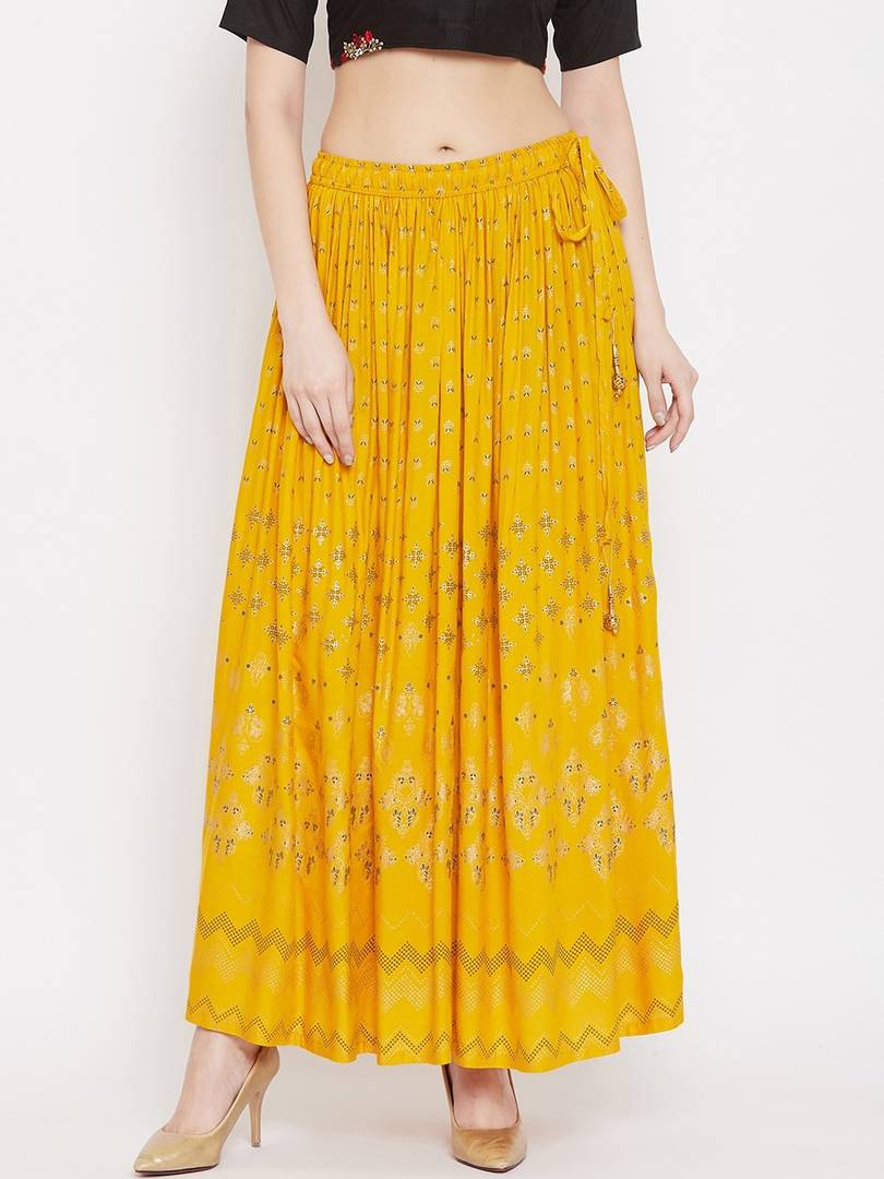 Women Mustard Yellow & Gold-Color Printed Flared Maxi Skirt