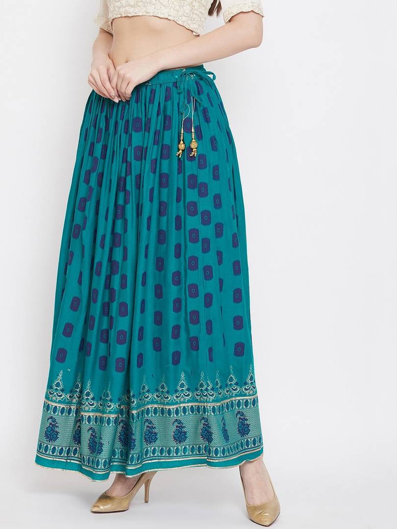 Women Teal Green & Blue Printed Flared Maxi Skirt