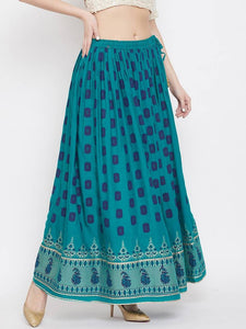 Women Teal Green & Blue Printed Flared Maxi Skirt