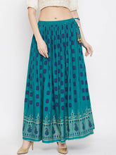 Load image into Gallery viewer, Women Teal Green &amp; Blue Printed Flared Maxi Skirt