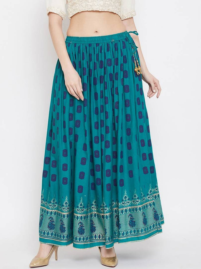 Women Teal Green & Blue Printed Flared Maxi Skirt