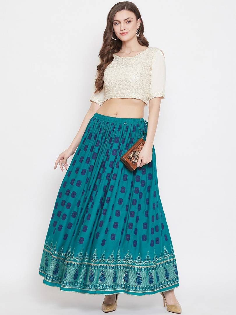 Women Teal Green & Blue Printed Flared Maxi Skirt