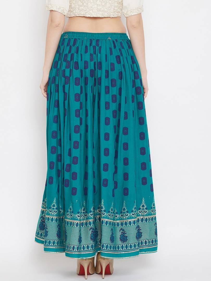 Women Teal Green & Blue Printed Flared Maxi Skirt