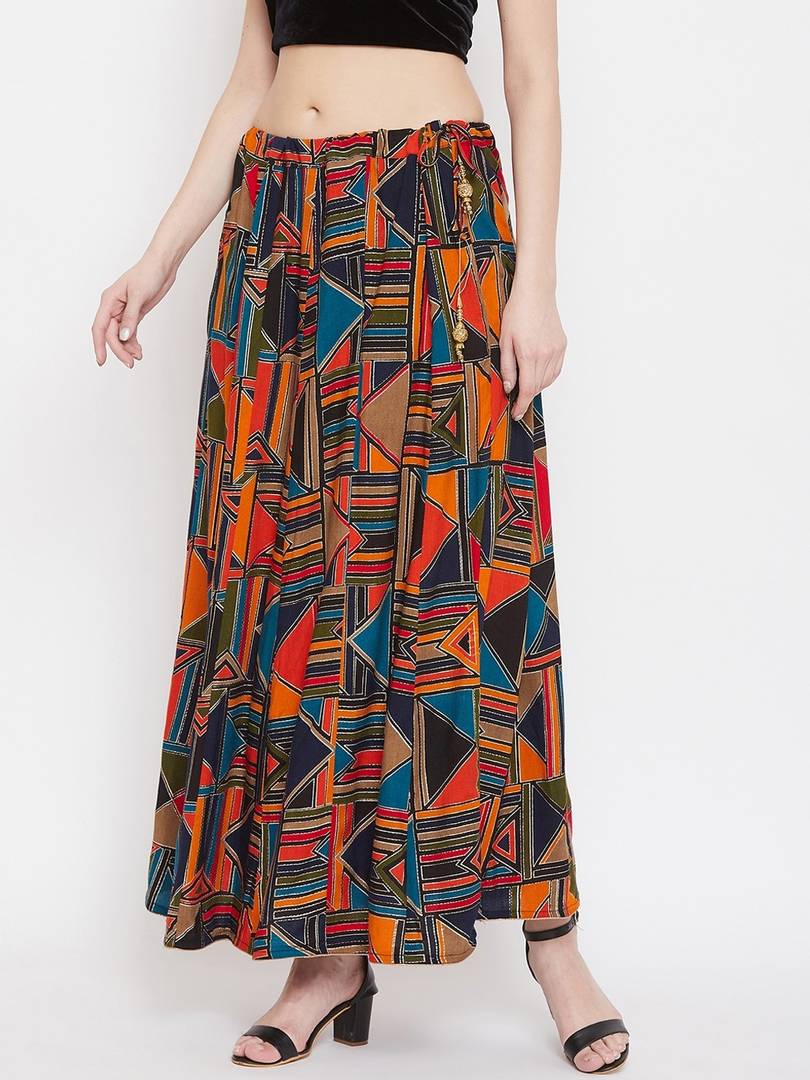 Women Blue & Orange Printed Flared Maxi Skirt