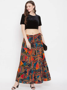 Women Blue & Orange Printed Flared Maxi Skirt