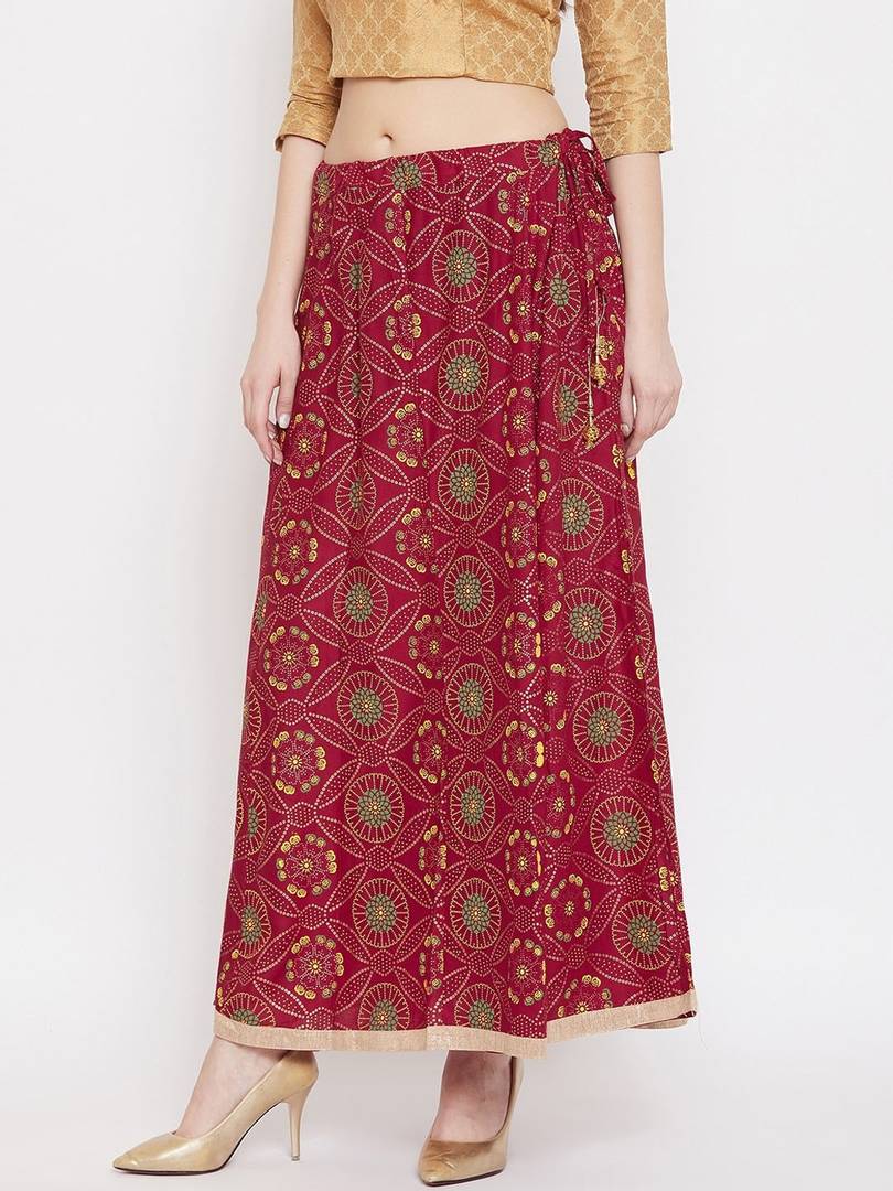 Women Maroon & Green Ethnic Printed Flared Maxi Skirt